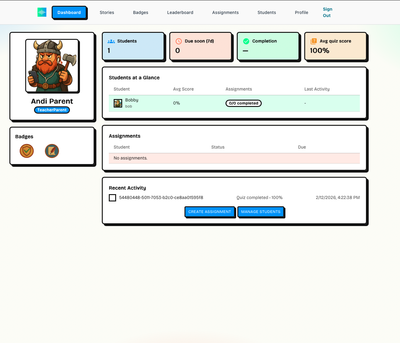 Dashboard - manage students, assignments, and track progress